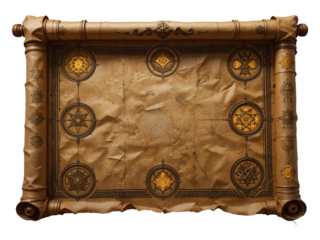 A highly detailed, rolled-out parchment with glowing symbols, isolated for mystical designs.
