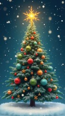Obraz premium Christmas tree with creative ornaments and a star on top, surrounded by falling snowflakes for a magical winter scene