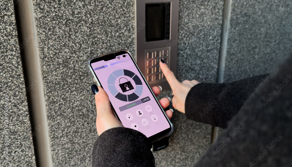 Poster young stylish woman getting access to the building by attaching smartphone to intercom. concept of m