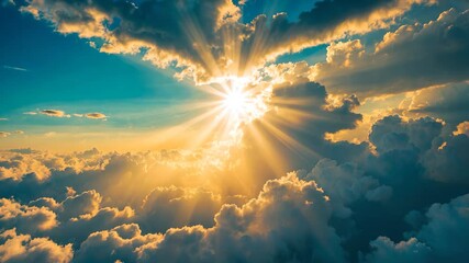beautiful cloudy blue sky, morning sun rise with sunny bright shining golden light ray from dark cloud, background or heaven gate opening concept._g_1_2_1.png - Powered by Adobe