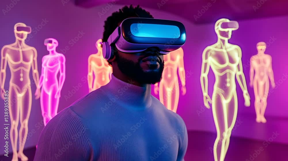 Poster man with vr headset exploring digital figures in a brightly lit virtual environment, immersing in mo