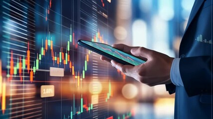 An individual business suit uses mobile phone monitor stock market information displayed screen. The background features charts , graphs, symbolizing investment, finance, , data analysis fast-paced - Powered by Adobe
