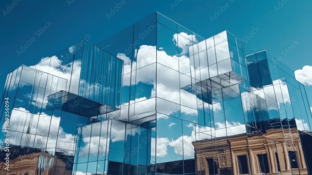 Poster geometric patterns formed by reflections on a mirrored building.