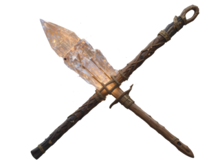 A magical wooden staff embedded with a glowing crystal, isolated on a transparent background.