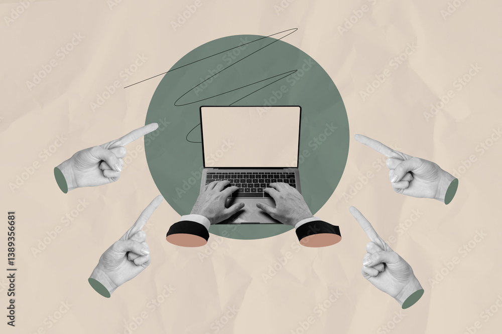 Fototapete template collage image of human hands using netbook typing message with finger pointing