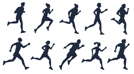 Silhouettes men and women running. Sports people jogging. Sportsman doing exercises. Fitness training. Speed run competition. Marathon race. Sprinters side view. Vector runners set