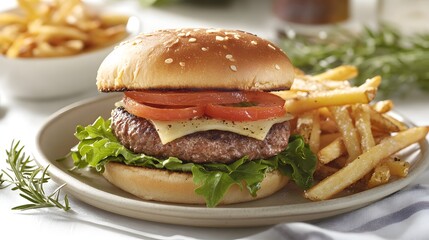 Classic Burger and Fries: A delicious and appetizing hamburger, stacked high with fresh lettuce, juicy tomatoes, a savory patty, and melted cheese, served alongside a generous portion of golden.