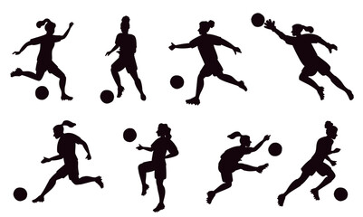 Silhouettes female soccer players. Athlete girl characters play football. People with ball in different poses. Sport game competition. Goalkeeper jumps. Running footballers vector set