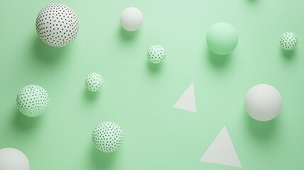 Fototapeta premium Abstract pastel green background with textured spheres and triangles.
