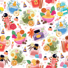 Perfume bubbles with floral and fruit fragrances seamless pattern. Flower perfumery smells. Toilet water vials. Repeated print. Cologne flacons. Aromatic cosmetic. Vector background