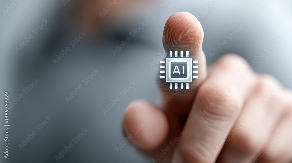 Poster human hand interacts with transparent ai chip showcasing clean code, highlighting ethical technology