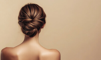 Back view of a model showing her elegant hairstyle, a sophisticated chignon bun, perfect for weddings and special occasions