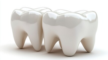 Pair of glossy, ivory-colored molars on a white surface with soft shadows, dental care