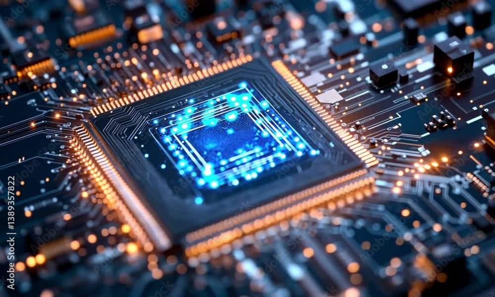 Aufkleber a close-up video of a processor chip with circuits pulsing in blue and white light transitioning in 