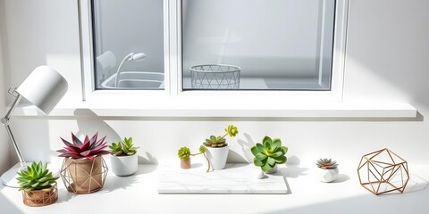 White minimalist desk panorama; succulents, marble pad, geometric metal accents, copy space,  white background,  overhead shot