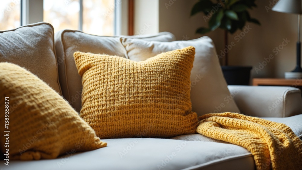 Poster cozy living room scene with textured yellow pillow on sofa surrounded by soft throws and natural lig