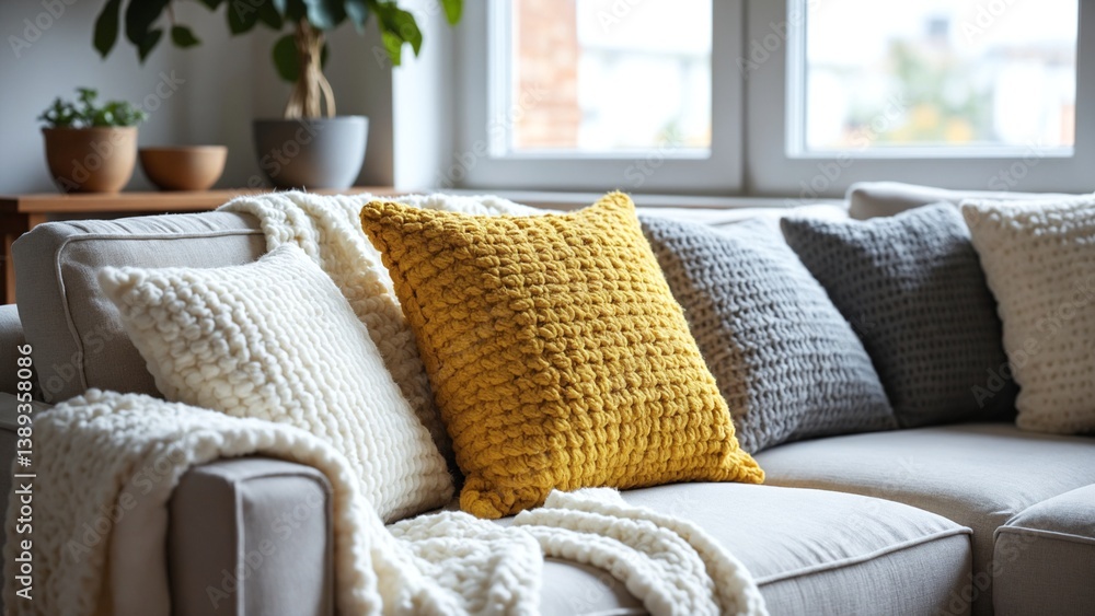 Poster cozy living room scene with textured yellow pillow on sofa surrounded by soft throws and natural lig