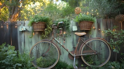 Vintage Bicycle Garden Decor: An old bicycle, repurposed as an aesthetic garden feature. A unique composition of greenery and natural elements creates a tranquil scene.