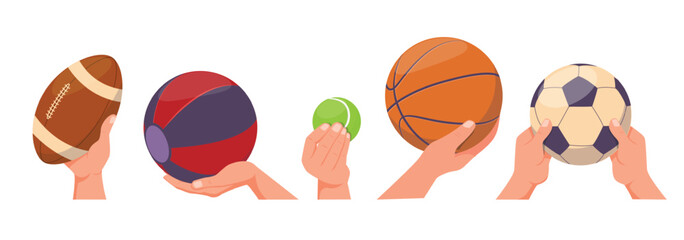 Hands with balls for sports games. Basketball player. Volleyball pass. Rugby and soccer. Tennis softball. Sportsman arms. Athletes competition. Football goal. Vector sportive tools set
