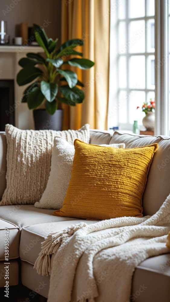 Poster cozy living room scene with textured yellow pillow on sofa surrounded by soft throws and natural lig