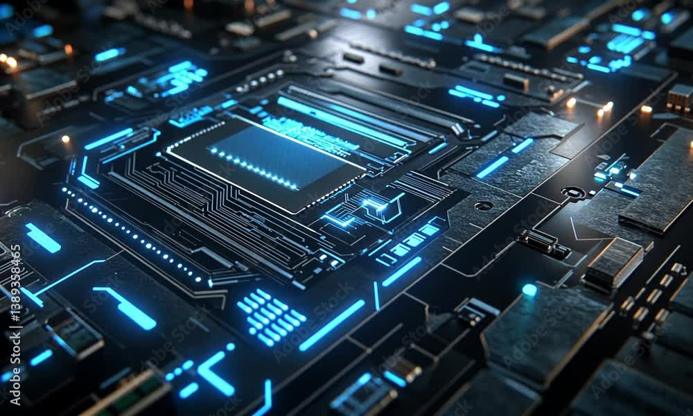 Poster a detailed video of a processor chip wired with circuits pulsing with vibrant blue and white light m