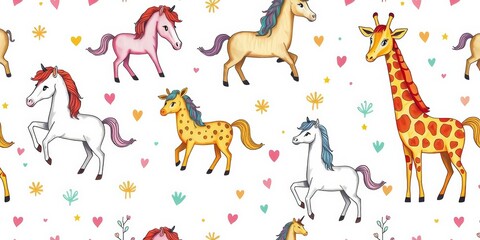 Whimsical hand-drawn horse, unicorn, and giraffe seamless pattern on white background, giraffe, nursery