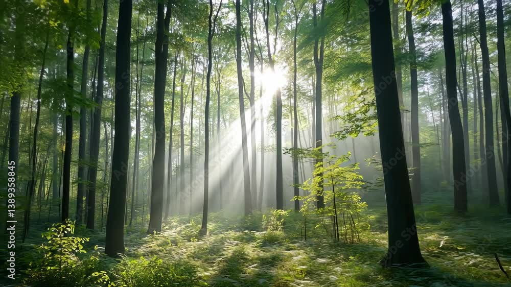 Poster sunlight streams through the tall trees of a lush, dense forest, creating a tranquil scene with gree