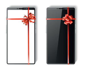 Black and white phone tied with gift red ribbon. Holiday present. 3D smartphone touchscreen. Realistic mobile screen. Birthday surprise. Cellular cellphone app display. Vector devices set