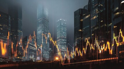 Double Exposure Financial Graph with Cityscape Background at Night