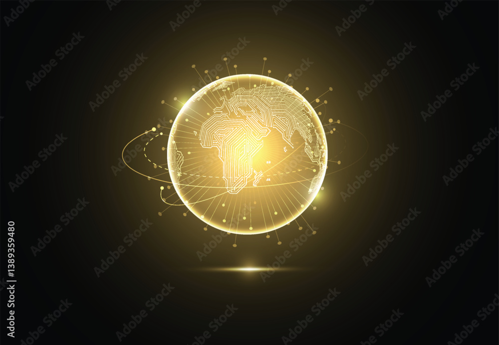 Poster abstract global network connection on gold background. world map point and line composition concept 