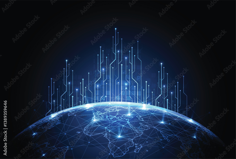 Poster global connection with circuit network design. world map point and line composition concept of globa
