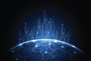 Global connection with circuit network design. World map point and line composition concept of global business. Vector Illustration