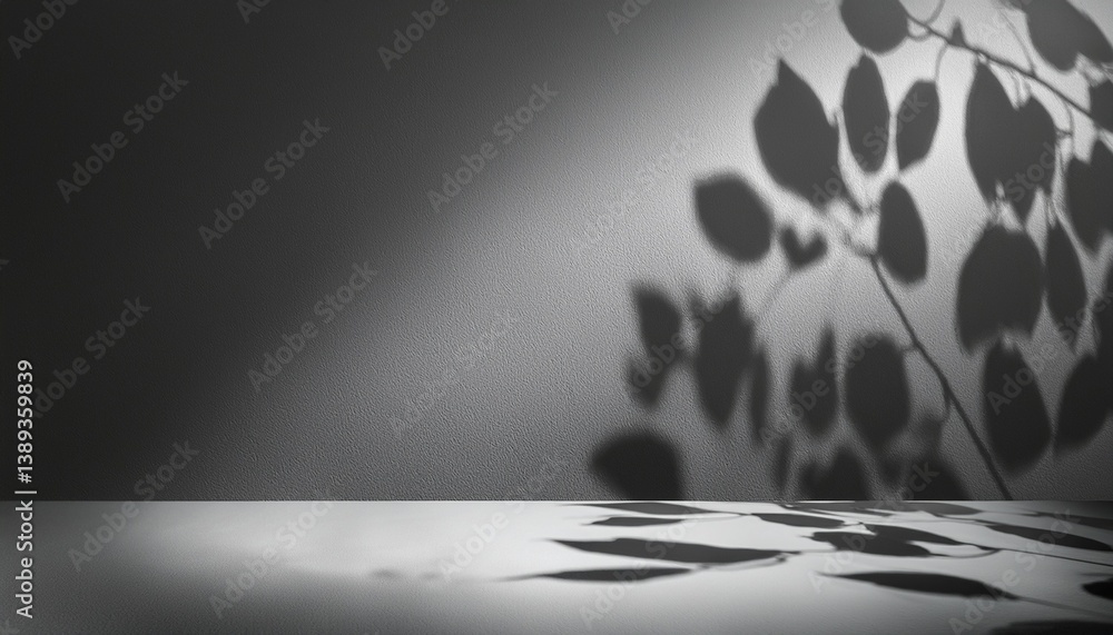 Poster empty gray room studio with shadow of tree leaves on the wall and floor for product presentation. su