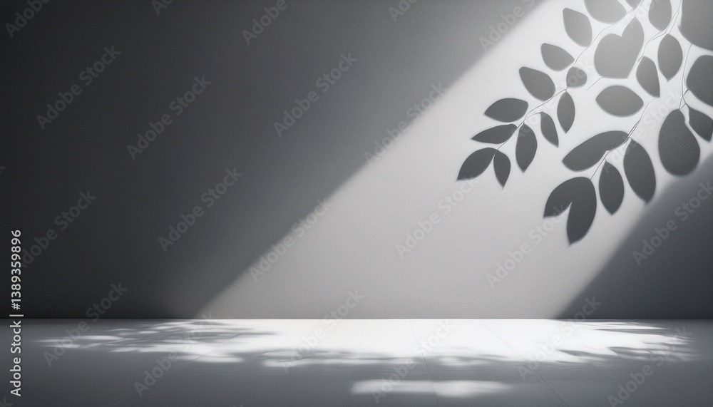 Poster empty gray room studio with shadow of tree leaves on the wall and floor for product presentation. su