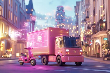 A cheerful delivery scene where a pink truck and scooter work together to ensure fast and secure logistics, digital tracking holograms in the air.