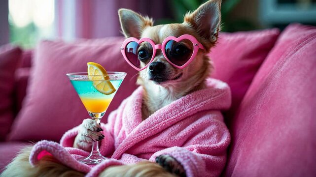chihuahua dog relaxing at spa wearing a bathrobe and funny sunglasses, drinking a martini cocktail_g_1_3_1.png