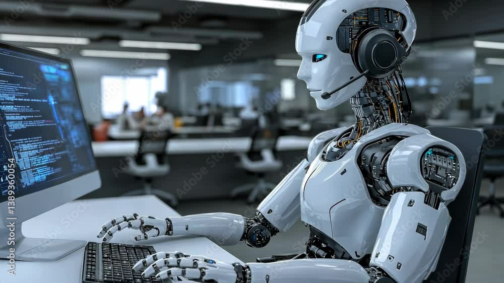 Poster futuristic humanoid robot working at computer with data code, wearing a headset in office, demonstra
