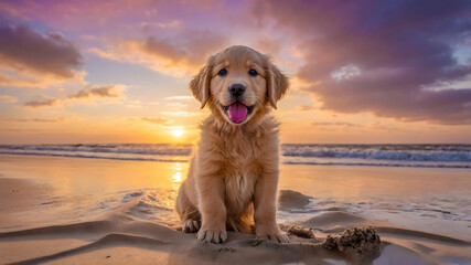 A Cute Golden Retriever Puppy, Sitting and Enjoying the Sunset on a Sandy Beach