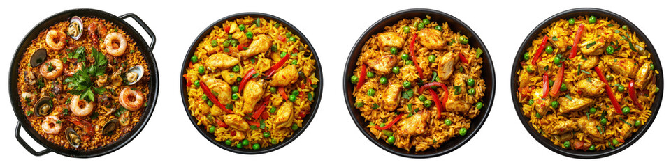 Fototapeta premium Four rice dishes with chicken seafood and vegetables.