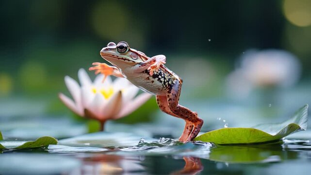 Single frog jumping mid-air from one lily pad to another across a calm pond. Suitable for marketing or business purpose