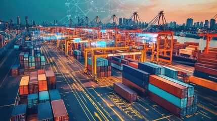 Modern busy shipping container yard in a futuristic cityscape