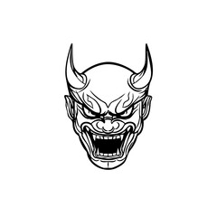 Japanese Oni Mask Logo Traditional Demon Head Line Art Illustration