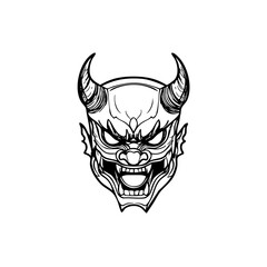 Japanese Oni Mask Logo Traditional Demon Head Line Art Illustration