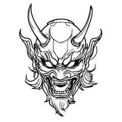 Japanese Oni Mask Logo Traditional Demon Head Line Art Illustration Vector line