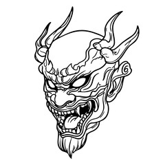 Japanese Oni Mask Logo Traditional Demon Head Line Art Illustration Vector line