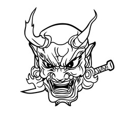 Japanese Oni Mask Logo Traditional Demon Head Line Art Illustration