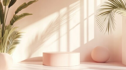 Pastel Pink Podium Display Sunlight, Tropical Plants