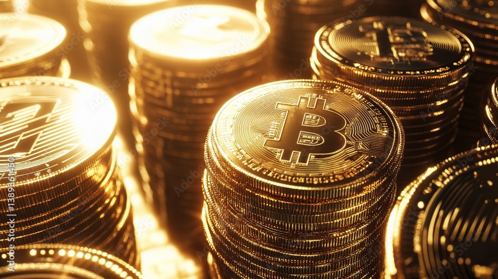 Poster stacks of coins with financial technology and graphs in background
