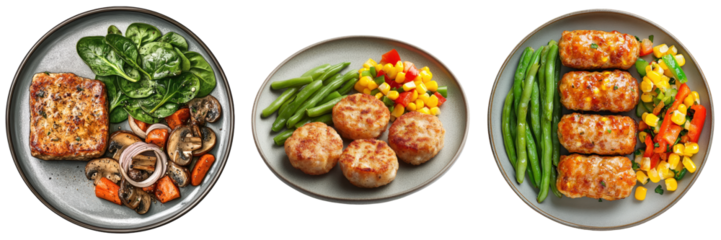 Three balanced meals grilled protein, fishcakes, and meatballs.