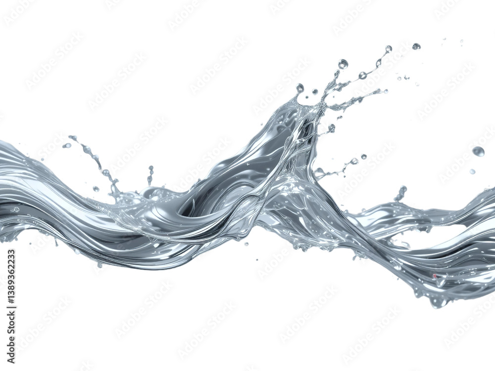 Poster a futuristic, fluid splash of pure silver, captured in motion, isolated on a transparent background 